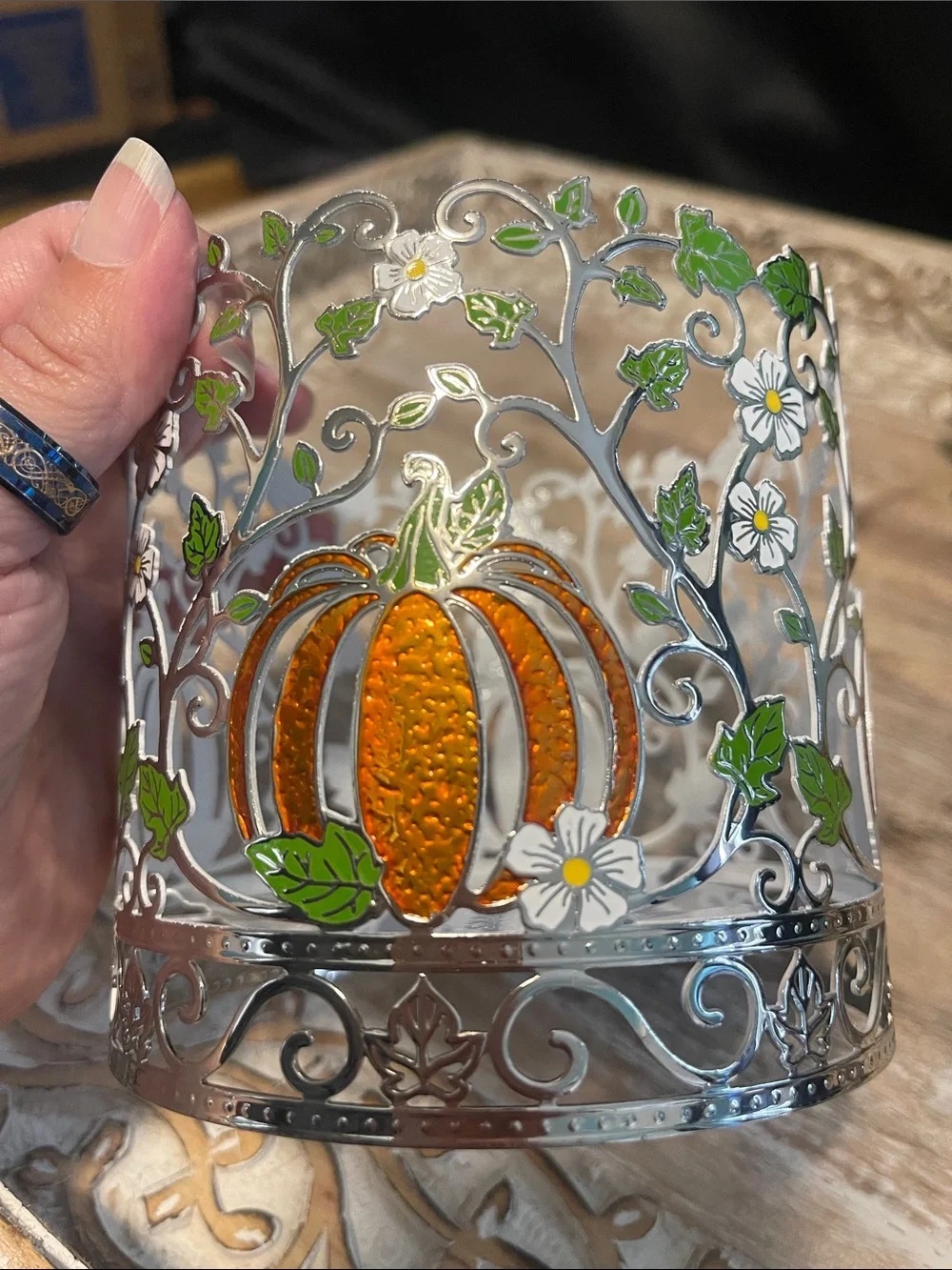 Bath & Body Works Silver Filigree Lantern with Orange Pumpkin and Green Leaves